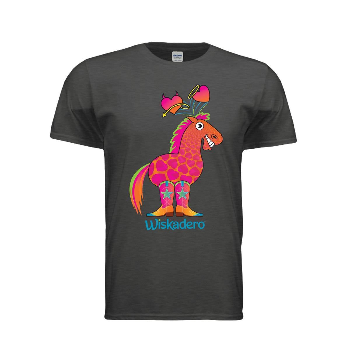 Short sleeve heather gray t-shirt with a white body and pink sleeves, featuring a colorful graphic of a pony with the signature Halo and Horns heart graphics above its head and the word 'Wiskadero' printed below in blue, shown against a plain white background.