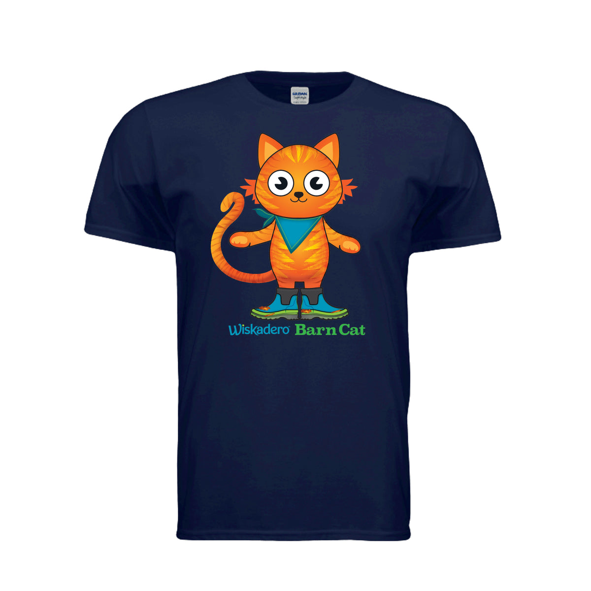 A navy blue short-sleeve t-shirt featuring a colorful cartoon graphic of an orange barn cat wearing a teal bandana and blue muck boots, with the text 'Wiskadero Barn Cat' printed below.
