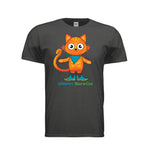 A heather gray short-sleeve t-shirt featuring a colorful cartoon graphic of an orange barn cat wearing a teal bandana and blue muck boots, with the text 'Wiskadero Barn Cat' printed below.