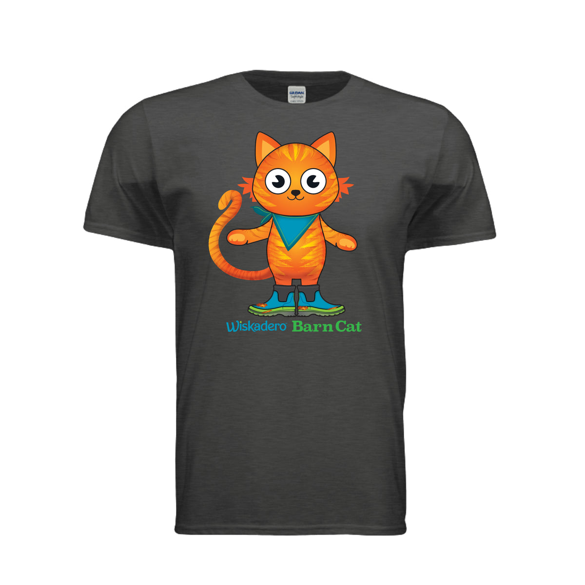 A heather gray short-sleeve t-shirt featuring a colorful cartoon graphic of an orange barn cat wearing a teal bandana and blue muck boots, with the text 'Wiskadero Barn Cat' printed below.