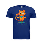 A Deep Royal Blue short-sleeve t-shirt featuring a colorful cartoon graphic of an orange barn cat wearing a teal bandana and blue muck boots, with the text 'Wiskadero Barn Cat' printed below.