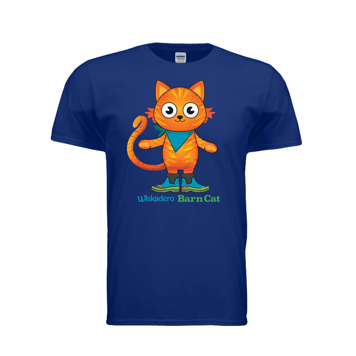 A Deep Royal Blue short-sleeve t-shirt featuring a colorful cartoon graphic of an orange barn cat wearing a teal bandana and blue muck boots, with the text 'Wiskadero Barn Cat' printed below.