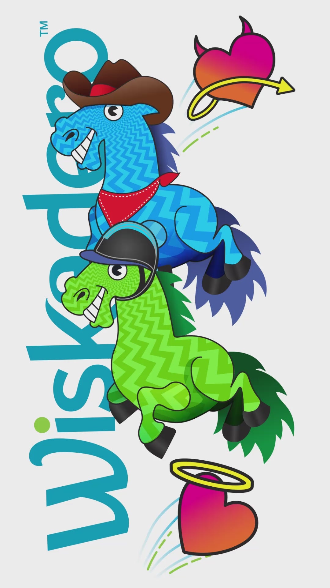 Animated video showcasing Wiskadero products and character lineup: featuring horse and animal characters, equine boredom buster toys, leather halters, and branded t-shirts, ending with the Wiskadero logo and tagline.