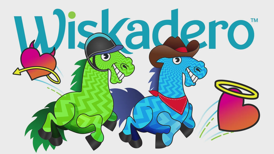 Animated video showcasing Wiskadero products and character lineup: featuring horse and animal characters, equine boredom buster toys, leather halters, and branded t-shirts, ending with the Wiskadero logo and tagline.